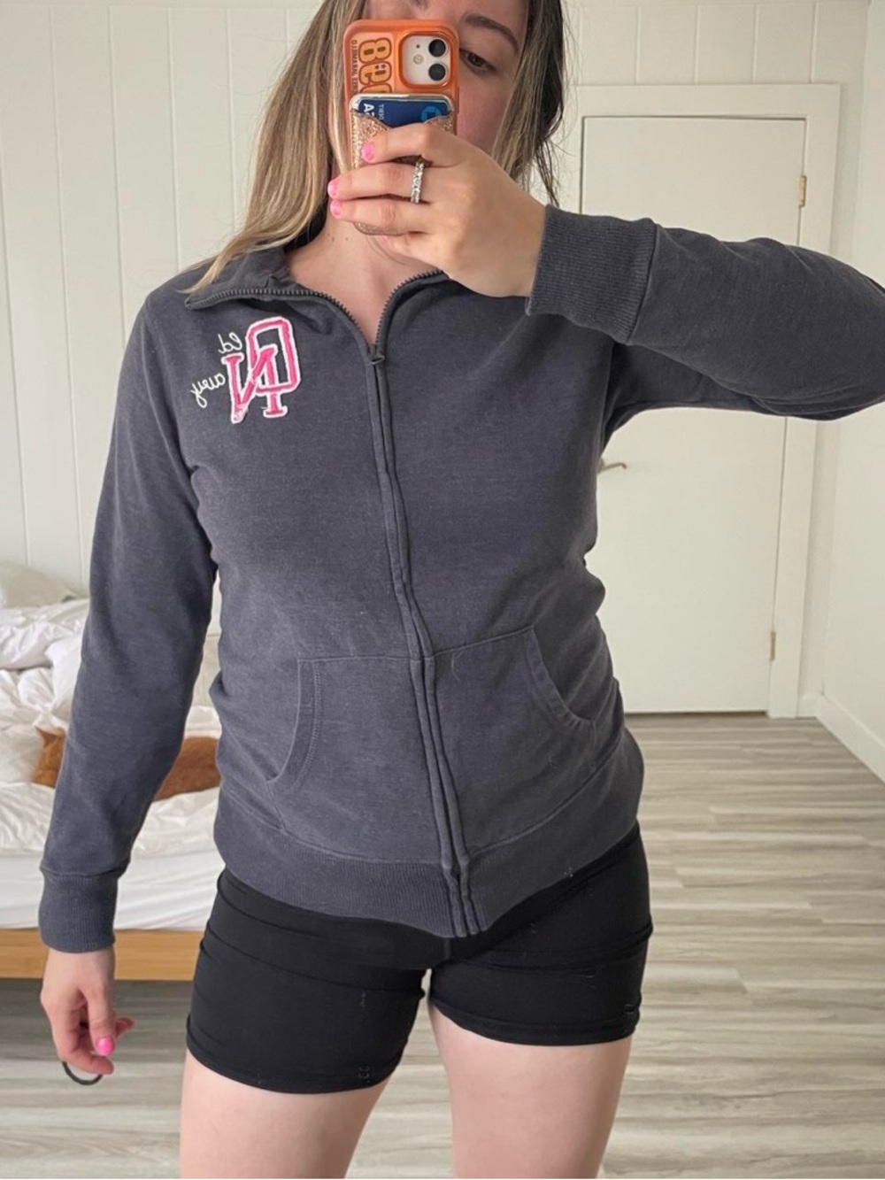 Grey zip up cotton hoodie with pink Old Navy logo size M